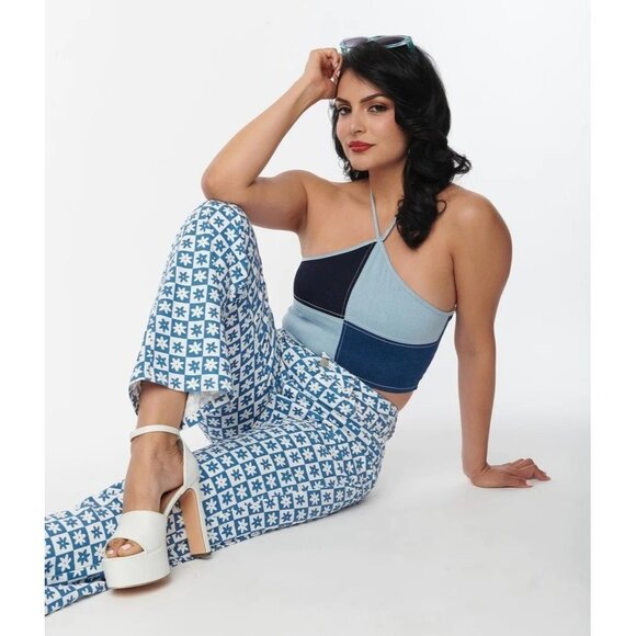 NWT, Unique Vintage Blue & White Checkered Daisy Print Jeans, Size L - Picture 5 of 16